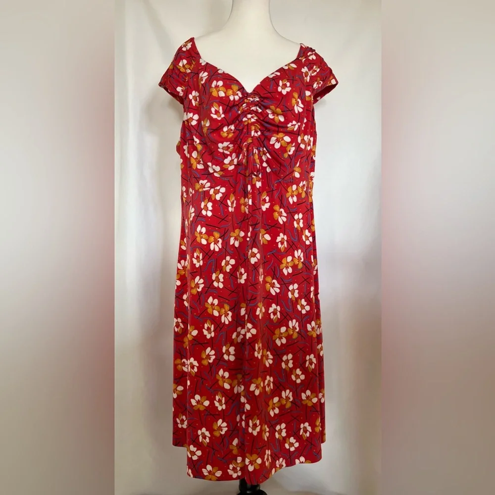London Times Ruched Front Floral Cap Sleeve‎ Milkmaid Red Midi Dress Size 2X